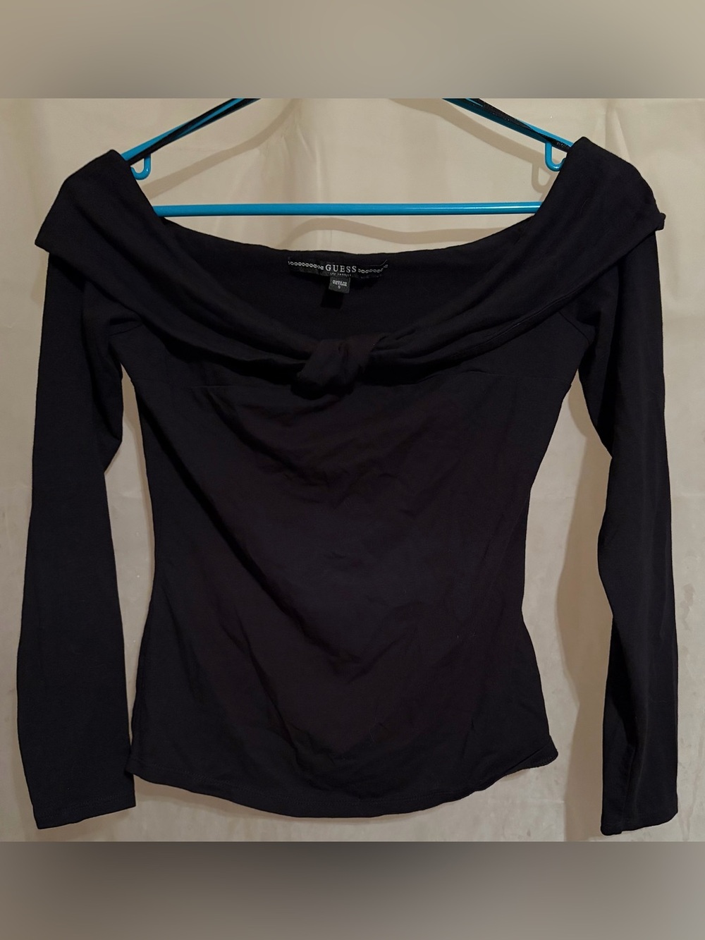 Guess-Off The Shoulder-Center Knot Design-Cotton Blend-Long Sleeve Top-Black-Sm